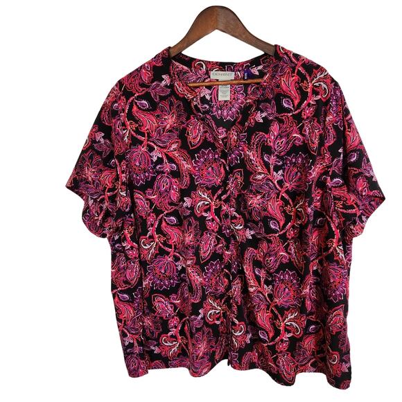 Catherine's Short Sleeve Paisley Button Shirt Dark Floral Plus 2X Petite 22/24 - Picture 1 of 16